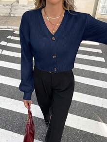 Serisse Spring/Autumn Casual Solid Color Cropped Cardigan Everyday Navy Blue - Navy Blue - View 6