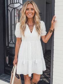 LanaWest Women's Western Lacy Boho Casual V-Neck Tassel Pendant Woven Embroidered Doll Style Ruffle Puff Sleeve Short Dress Brunch Vacation White Summer - White - View 5