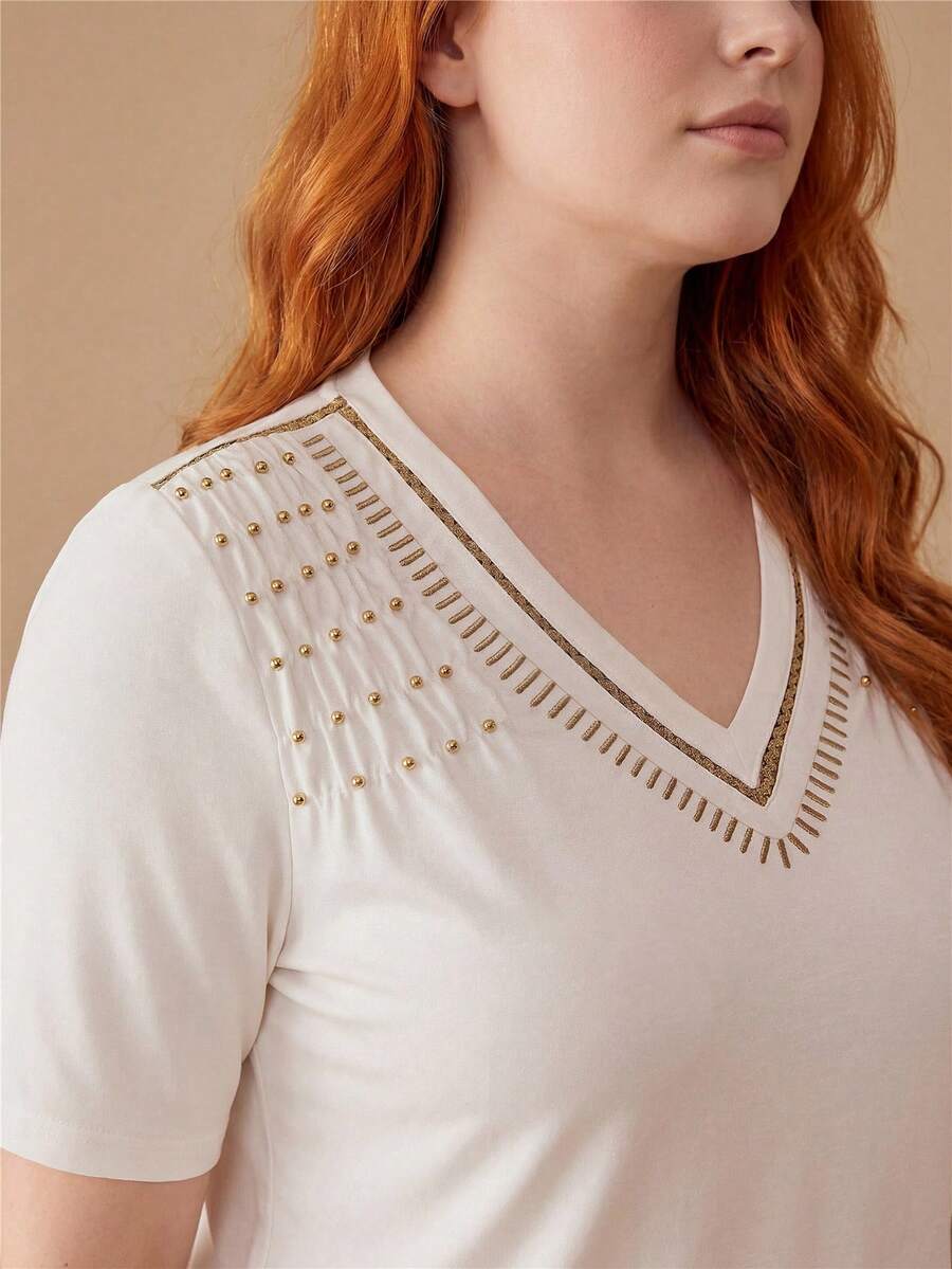 MOTF PREMIUM PLUS SIZE WOMEN'S V-NECK KNIT T-SHIRT WITH RIVET EMBROIDERY, SPRING/SUMMER - White - View 2