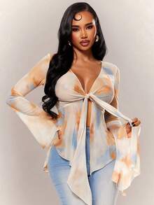 Radiana Women's Autumn Sexy Elegant Chic Sheer Mesh Print Long Sleeve Top, Sexy V-Neck Top, Flare Sleeve Top, Flowy Mesh Top, Front Tie Closure Ruffle Hem Top, Elegant Top, Casual Top, Fashion Casual Sexy Tie-Dye Print Sheer Mesh Flare Sleeve Top, Tie Top, Suitable For Daily Casual Outings, Dates, Gatherings, Parties, Music Festivals, Vacations, Beaches, Holidays, Concerts, Carnival Parties, Versatile Top - Multicolor - View 2