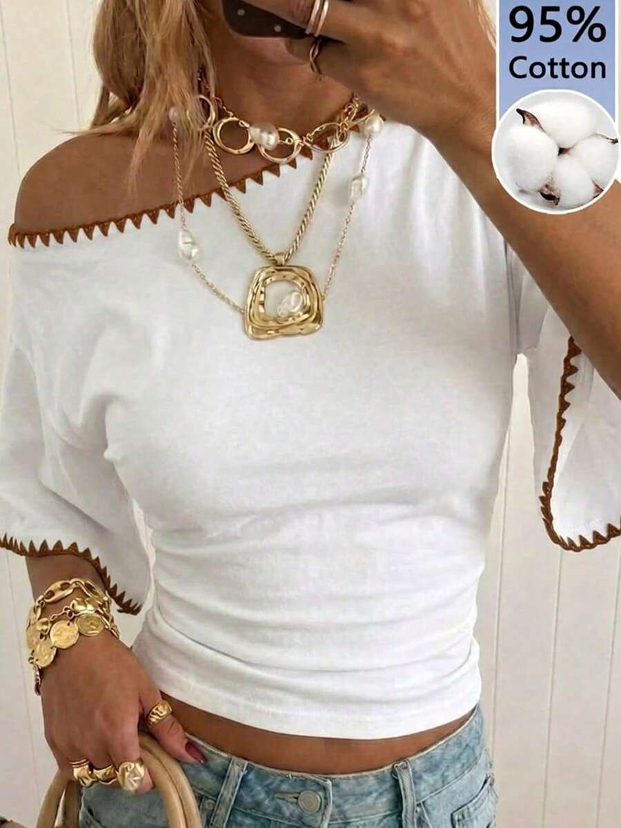 SHEIN EZwear Casual Minimalist White All-Over Print Contrast Brown Shell Flower Knit Women's T-Shirt Suitable For Summer - Multicolor - View 1
