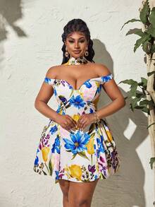 Maweii Plus Size Summer Elegant Floral All-Over Print Off-Shoulder Dress - Multicolor - View 4