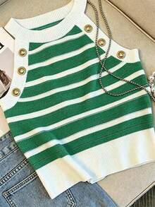 Franclia Sexy Sweet & Spicy Tank Top Fashion Knitwear Women Summer Contrast Color Striped Cropped Thin Top - Green - View 3
