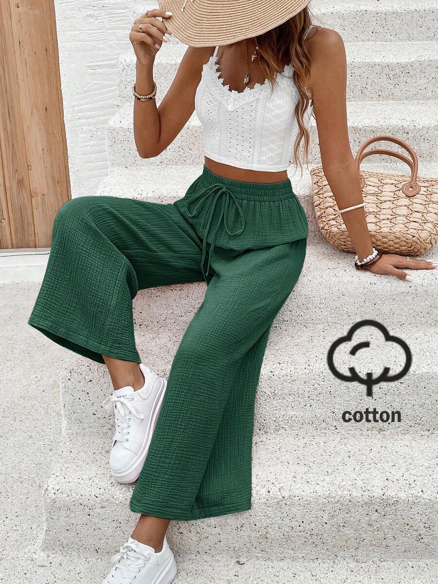 SHEIN Frenchy 女款素色腰部繫帶寬鬆休閒百搭長褲