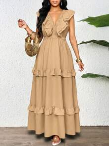 SHEIN Lady Vestido casual de vacaciones para mujer con dobladillo de volantes de unicolor - Caqui - Ver 4