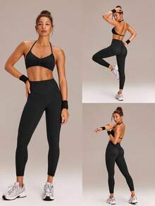 GLOWMODE 24" FeatherFit™-Sculpt Glow Lift Butt Scrunch Tummy Control Leggings With Side Pockets Medium Impact Training Running Workout Gym Fitness Wear - Black - View 9
