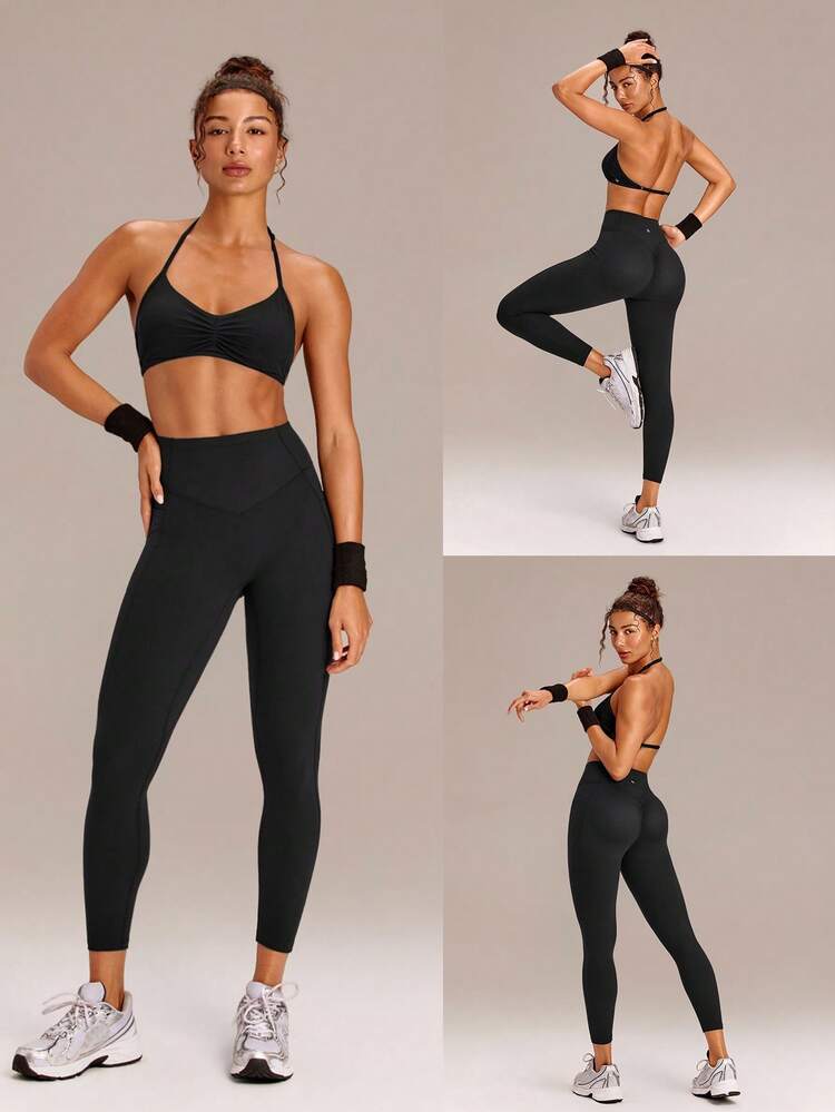 24" FeatherFit™-Sculpt Glow Lift Butt Scrunch Tummy Control Leggings With Side Pockets Medium Impact Training Running Workout Gym Fitness Wear
