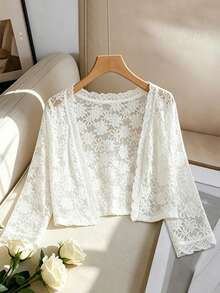 SHEIN Franclia 女款優雅派對通勤度假蕾絲白色開襟薄外套 - 白色 - 查看 3