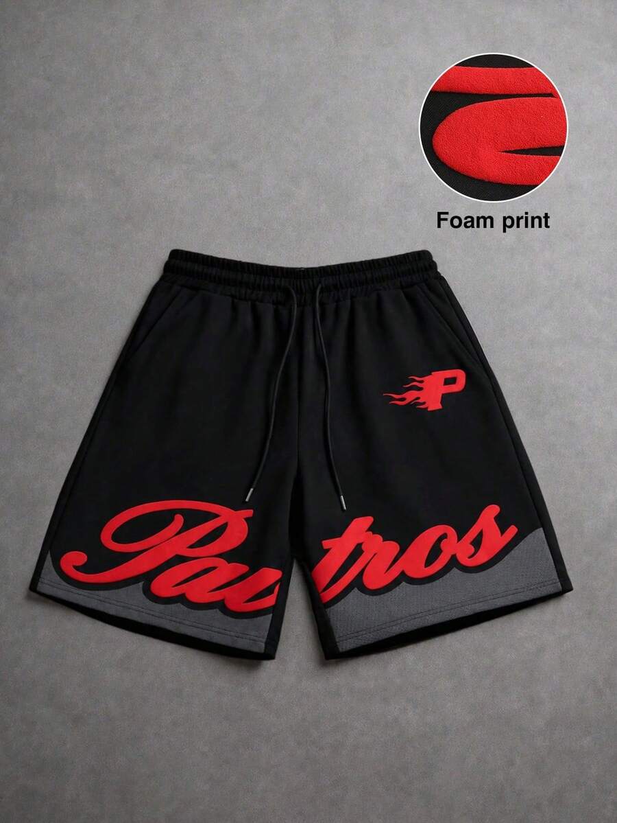 PAVTROS Pantalones cortos para hombre con estampado de letras americanas, color de contraste, bolsillo y cintura con cordón, estilo retro streetwear, vacaciones - Negro - Ver 1