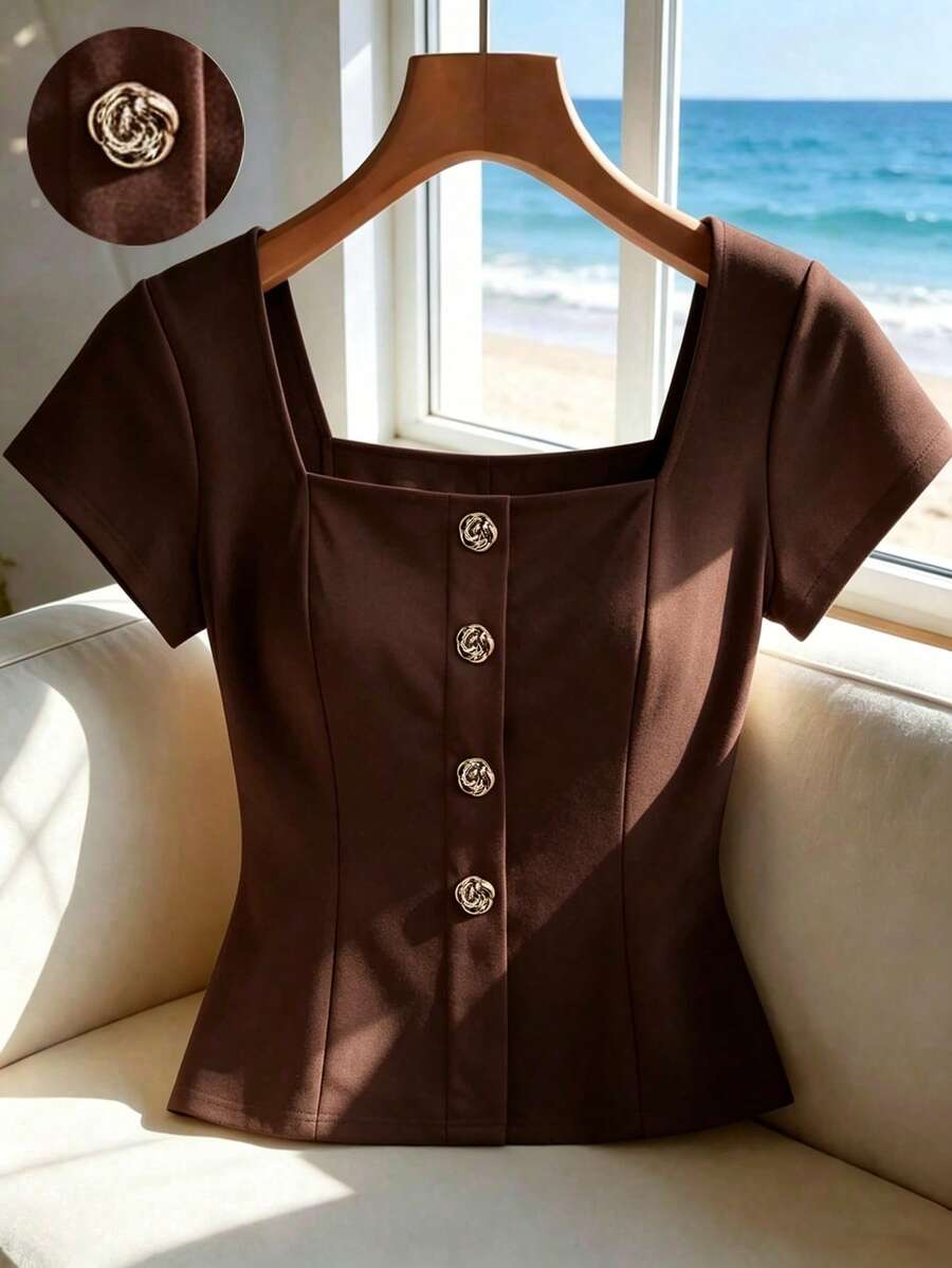 Franclia Plus Size Women's Metal Flower Button Design Short Sleeve Fashion T-Shirt - Coffee Brown - View 1