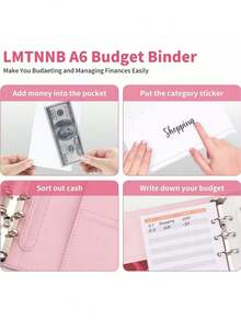 1 PC 8 Zipper Cash Envelopes 12 Expense Tracker Sheets 2 Alphabet Stickers Marble Pattern Faux Leather Budget Binder Planner For Back To School Money Saving Budgeting Cash Stuffing Wallet Organizer Trending Now - Pink - View 4