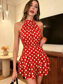 dressdressdressSHEIN PariChic Vestido elegante y romántico de cuello halter, cintura ajustada, vestido corto con volantes plisados en albaricoque y blanco, nuevo vestido de primavera/vedress - Rojo 2 - Ver 3