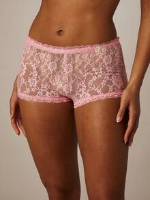 MISSGUIDED Baby Pink Floral Lace Boyshorts Intimate Undergarment Lingerie Delicate Sheer Feminine Underwear Comfort Fit Low Rise - Pink - View 1