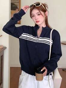 DAZY Chaqueta de mujer con bloques de color y rayas, cuello alto, manga larga y cremallera, para otoño - Azul Marino - Ver 5