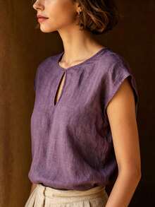 EMERY ROSE Summer Women's Fashion Linen Shoulder Sleeve Solid Color Blouse - Purple - View 4