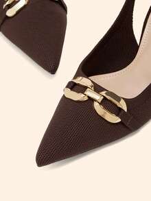 CUCCOO BASICS Women's Stylish Brown Knit Slingback Pumps With Gold Buckle Kitten Heels Pointed Toe Casual Elegant Shoes - Coffee Brown - View 8