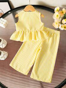 SHEIN Vintaside Kids 2件組女嬰幼童/新生兒0-3歲春夏休閒甜美日常度假條紋梭織無袖背心上衣寬腿褲套裝 - 黃色 - 查看 2