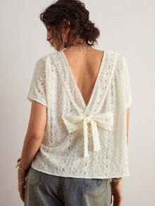 Freevana Women's French Romantic Vacation Style | White Eyelet Embroidery Short Sleeve Blouse - Sweet Deep V Open Back With Bow Tie Top - White - View 2