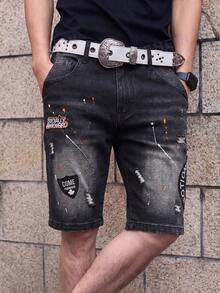 Manfinity LEGND Men's Letter Embroidery Contrast Color Ripped Slant Pocket Casual Streetwear Denim Shorts Holiday Dark Grey Summer - Black - View 4