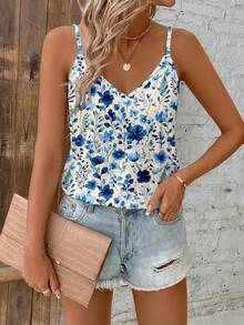SHEIN Clasi Casual Minimalist Blue Floral Pattern All-Over V-Neck Loose Camisole Suitable For Summer - Multicolor - View 4