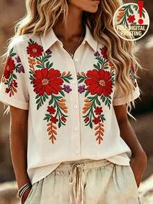 SHEIN Blusa suelta de manga corta con cuello y bordado floral rojo para mujer de verano - Multicolor - Ver 6