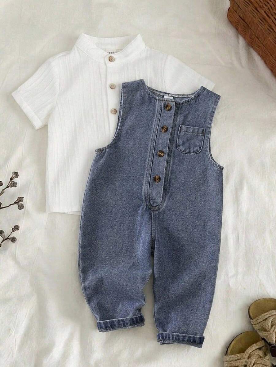 嬰兒男嬰女嬰中性嬰兒服飾 嬰兒男嬰夏季春季秋季休閒可愛牛仔連身褲長褲附口袋與吊帶，適合旅行與戶外穿著