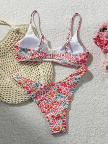 Swim Mod 女款 2件組彩色花卉隨機印花可愛夏季海灘度假比基尼套裝 - 彩色 - View 3