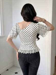 Modelyn Women's Knitted Printed Contrast Lace Short Sleeve Asymmetric Shoulder Vacation Retro Elegant Date High Tea Top White And Black Polka Dot Summer - White - View 2
