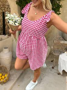 SHEIN Maternity Loose Fit Plaid Sleeveless Jumpsuit With Ruffle Hem, Summer Beach Outfits Casual Outfits - Red and White - View 1