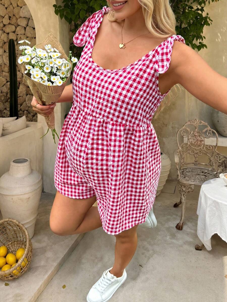 SHEIN Maternity Loose Fit Plaid Sleeveless Jumpsuit With Ruffle Hem, Summer Beach Outfits Casual Outfits - Red and White - View 1