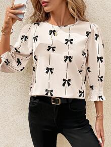 SHEIN Clasi Plus Size Women's Bow Pattern Round Neck 3/4 Sleeve Fashion Blouse - Apricot - View 4