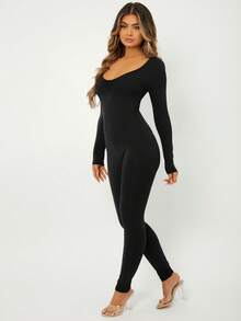 SHEIN SXY Spring Scoop Neck Black Long Sleeve Bodysuit Jumpsuit - Black - View 5