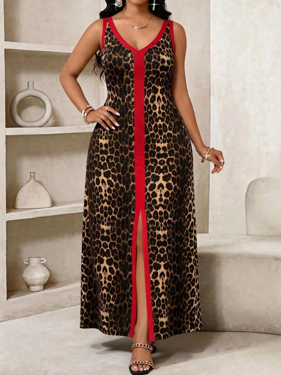 SHEIN Lady Plus Size Women's Fashion Leopard Print Colorblock Hem Split Sleeveless Dress