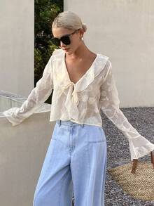 Livesso Apricot V-Neck Tie Waist Textured Fabric Women Shirt - Apricot - View 6