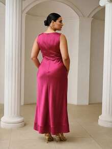 ZEYLAH Vestido asimétrico fruncido, talla grande, primavera/verano - Rosa Roja - Ver 4