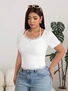 Solflare Plus Size Summer Casual Solid Color Lace Patchwork T-Shirt - White - View 3