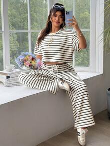 Muchica Plus Size Casual Striped T-Shirt And Pants 2 Pieces Set - Black and White - View 4
