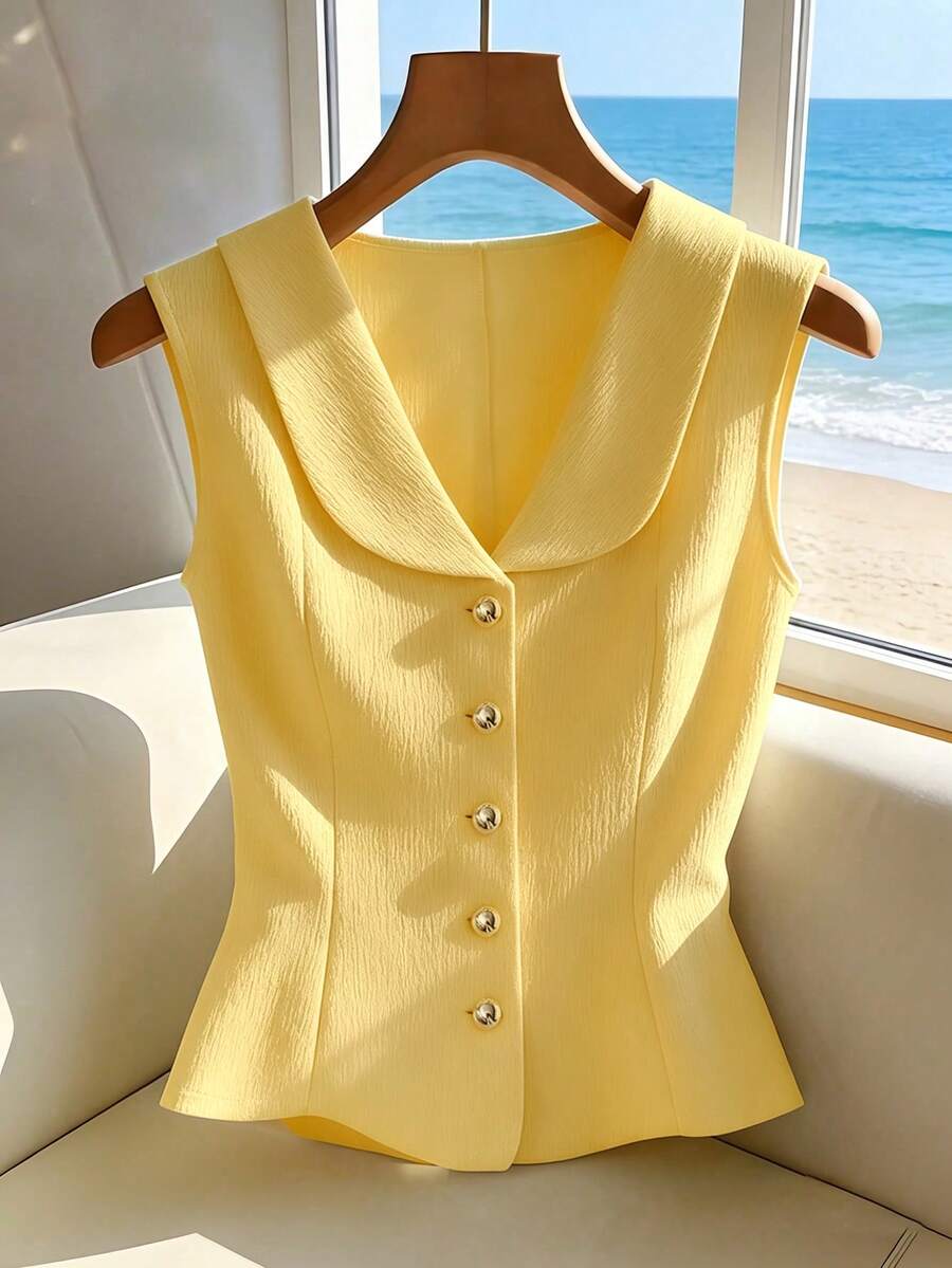 SHEIN Franclia 法式時尚優雅修身無袖黃色上衣 夏季女款優雅上衣 夏季度假女款黃色上衣