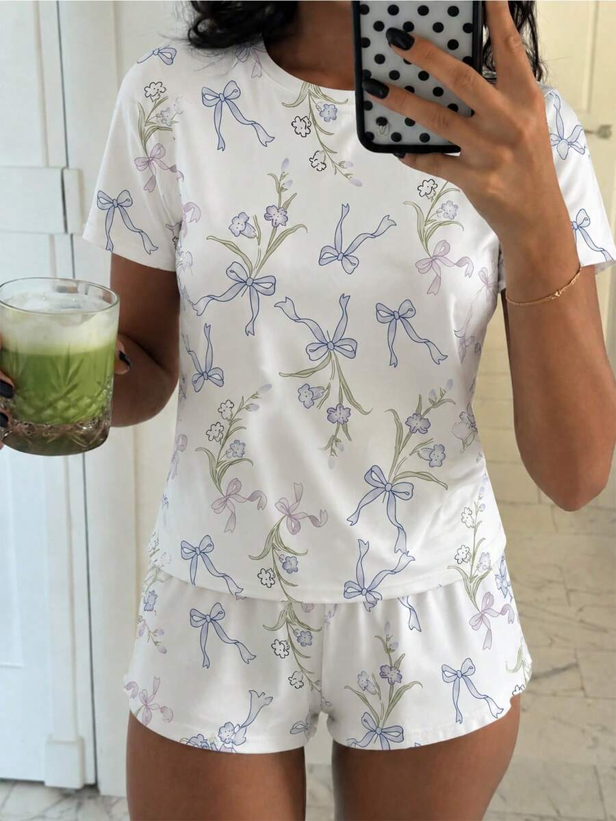 Teen Girl Casual Loose Minimalist Crew Neck Short Sleeve Shorts Loungewear Suitable For Spring And Summer - Multicolor - View 1