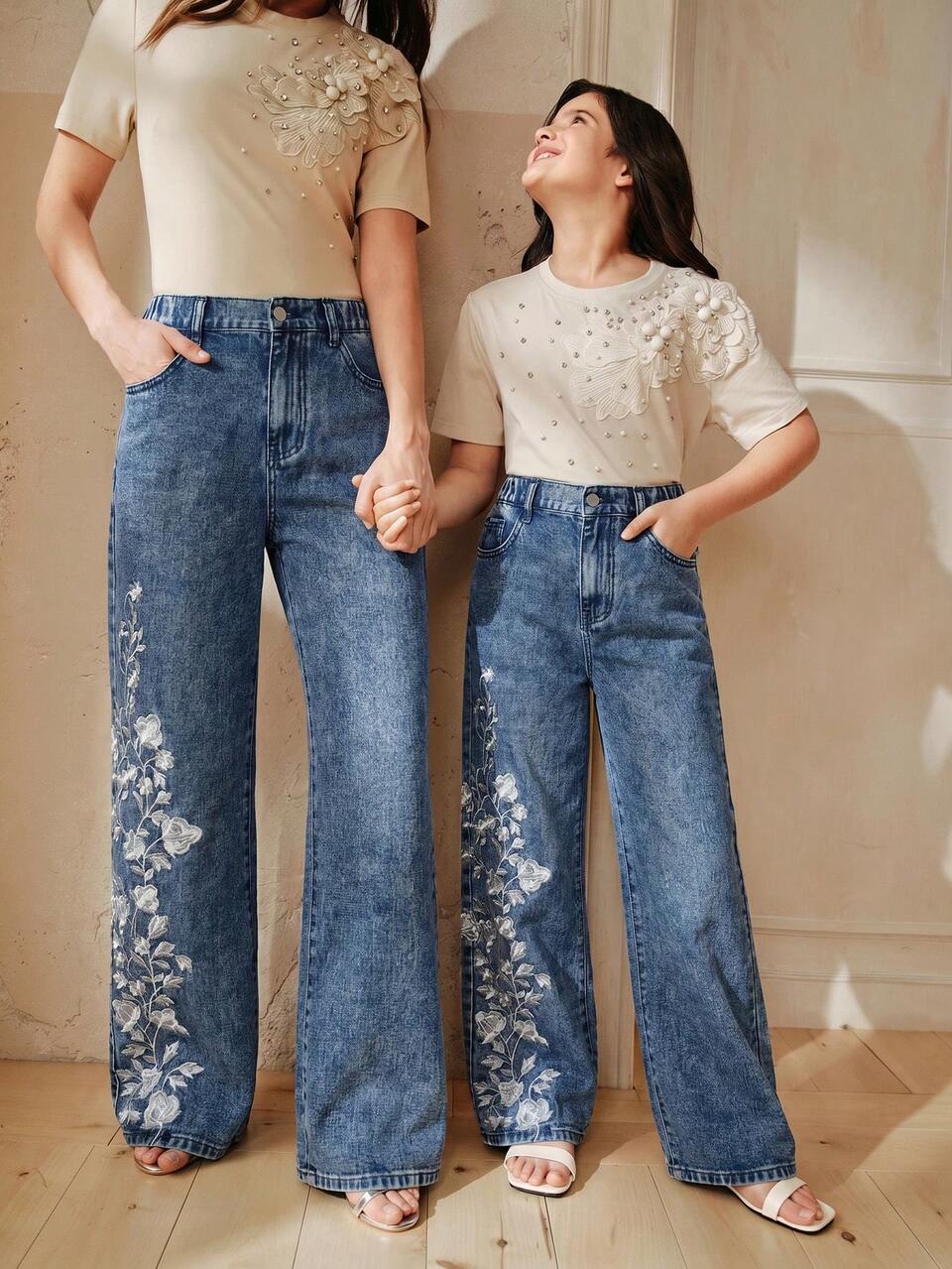 Girls' Big Tween Girl Spring/Summer Fashion Casual Elegant Floral Embroidered Blue Straight Leg Jeans