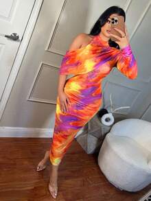 SHEIN SXY Tie-Dye Printed Ruched See-Through One-Shoulder Tight Mesh Summer Elegant Dress - Multicolor - View 7