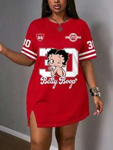 Slaydiva Betty Boop x SHEIN 大尺碼夏季休閒簡約卡通數字印花洋裝，適合騎行、半正式場合、辦公室、早午餐、居家與度假，紅白配色 - 彩色 - 查看 6