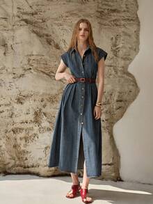 MOTF PREMIUM SPRING/SUMMER WOMEN'S CASUAL COMMUTER FRONT BUTTON DENIM DRESS - Medium Wash - View 6