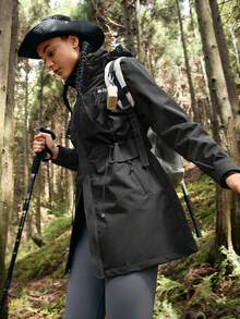 WanderVale In My Nature 1pc Women Solid Color Drawstring Hooded Jacket With Pockets, Outdoor Sports Usewinter Women Tops Keep Warm - Black - View 4