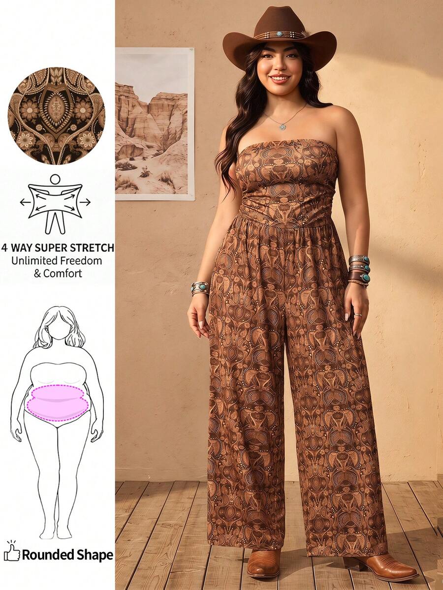 Enliva Macacão plus size com estampa paisley, estilo boêmio vintage, ideal para férias. - Castanho - Ver 1