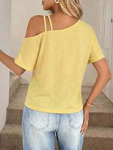 Easowa Casual Knit Asymmetrical Shoulder Double Strap Slanted Shoulder Women's T-Shirt Vacation Yellow Summer - Yellow - View 3