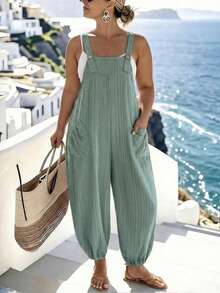 EMERY ROSE Plus Size Women's Early Spring Minimalist Elegant Textured Loose Cuffed Overall Jumpsuit - Green - View 1