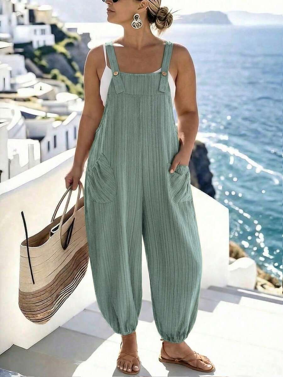 EMERY ROSE Plus Size Women's Early Spring Minimalist Elegant Textured Loose Cuffed Overall Jumpsuit - Green - View 1