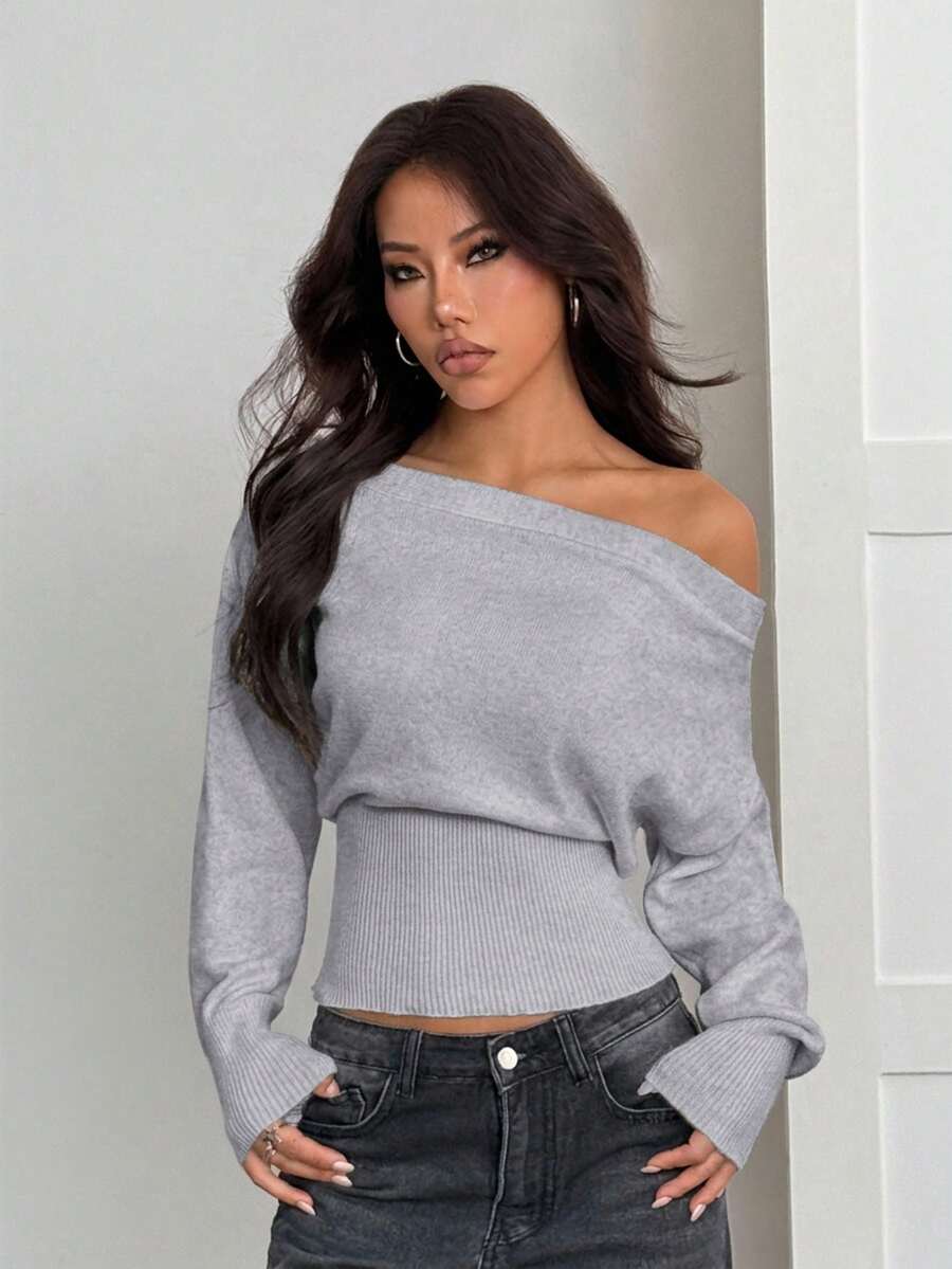 SHEIN PETITE Áo len nữ màu trơn cổ bất đối xứng, nhấn eo, dáng rộng, phong cách lãng mạn, mặc đi chơi mùa thu/đông - Xám - Xem 1