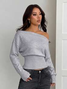 SHEIN PETITE Áo len nữ màu trơn cổ bất đối xứng, nhấn eo, dáng rộng, phong cách lãng mạn, mặc đi chơi mùa thu/đông - Xám - Xem 6